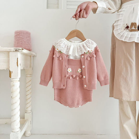 Newborn Handmade Flower Two-piece Knitted Cardigan Jumpsuit
