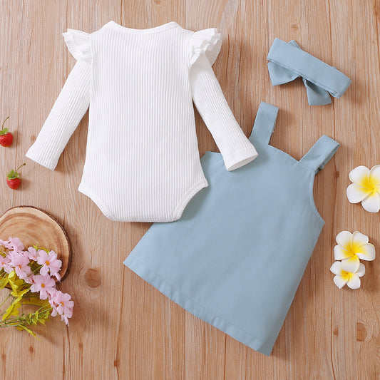 Ensemble Robe Salopette Bébé Fille – Haut à Volants + Robe avec Poche + Nœud