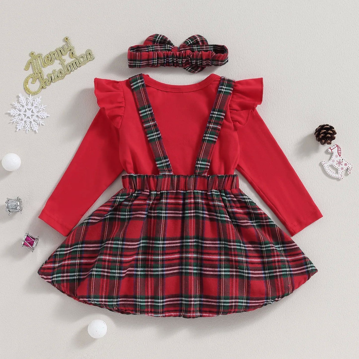 Ensemble de Noël Bébé Fille – Body Rouge + Robe Écossaise Renne + Bandeau