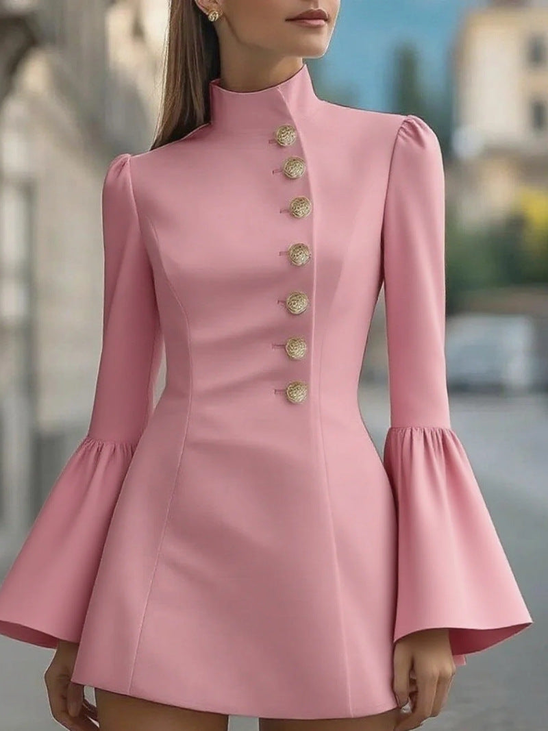 Robe Veste Femme – Chic Royale à Manches Évasées & Boutons Dorés