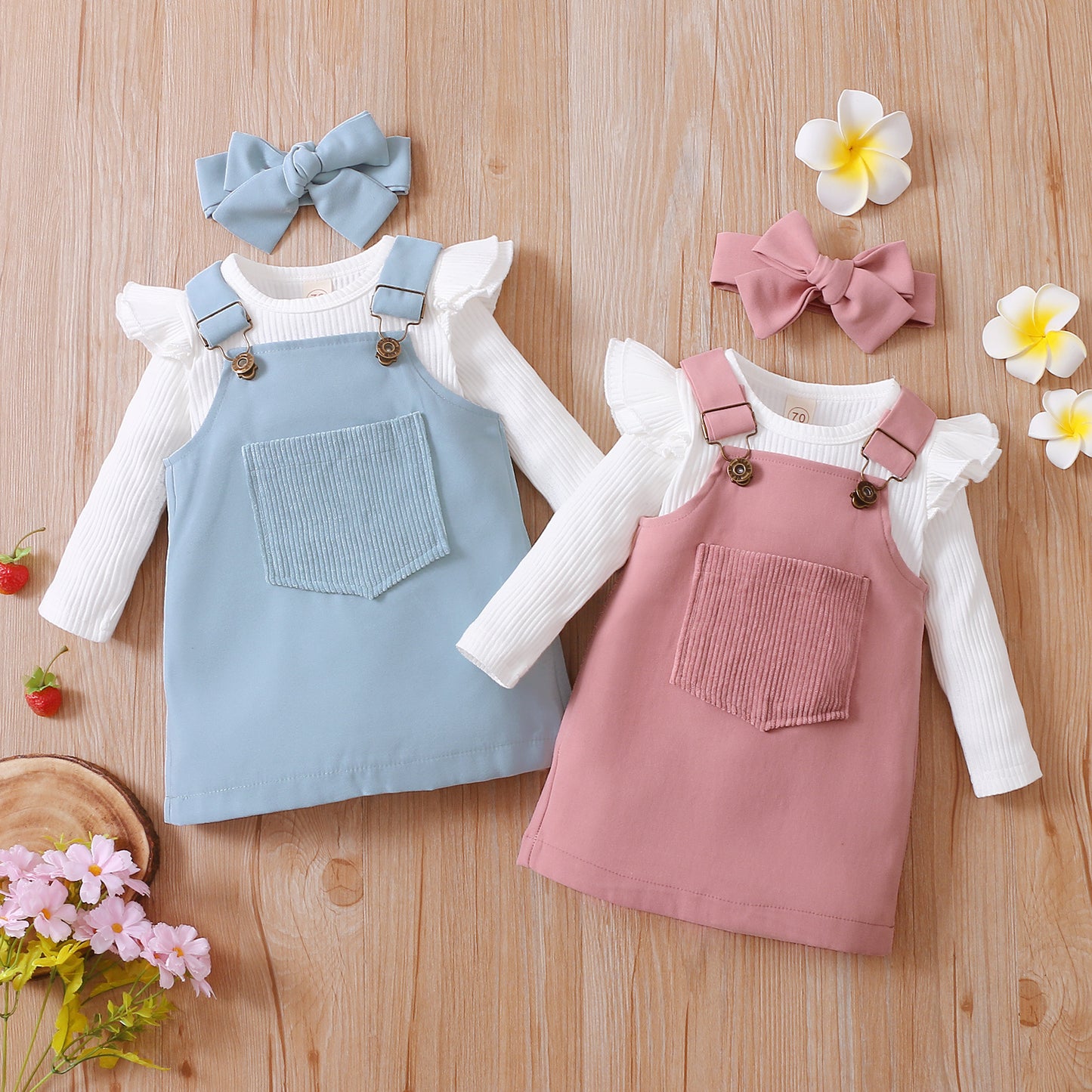 Ensemble Robe Salopette Bébé Fille – Haut à Volants + Robe avec Poche + Nœud