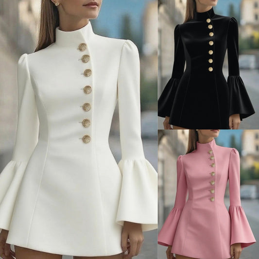 Robe Veste Femme – Chic Royale à Manches Évasées & Boutons Dorés