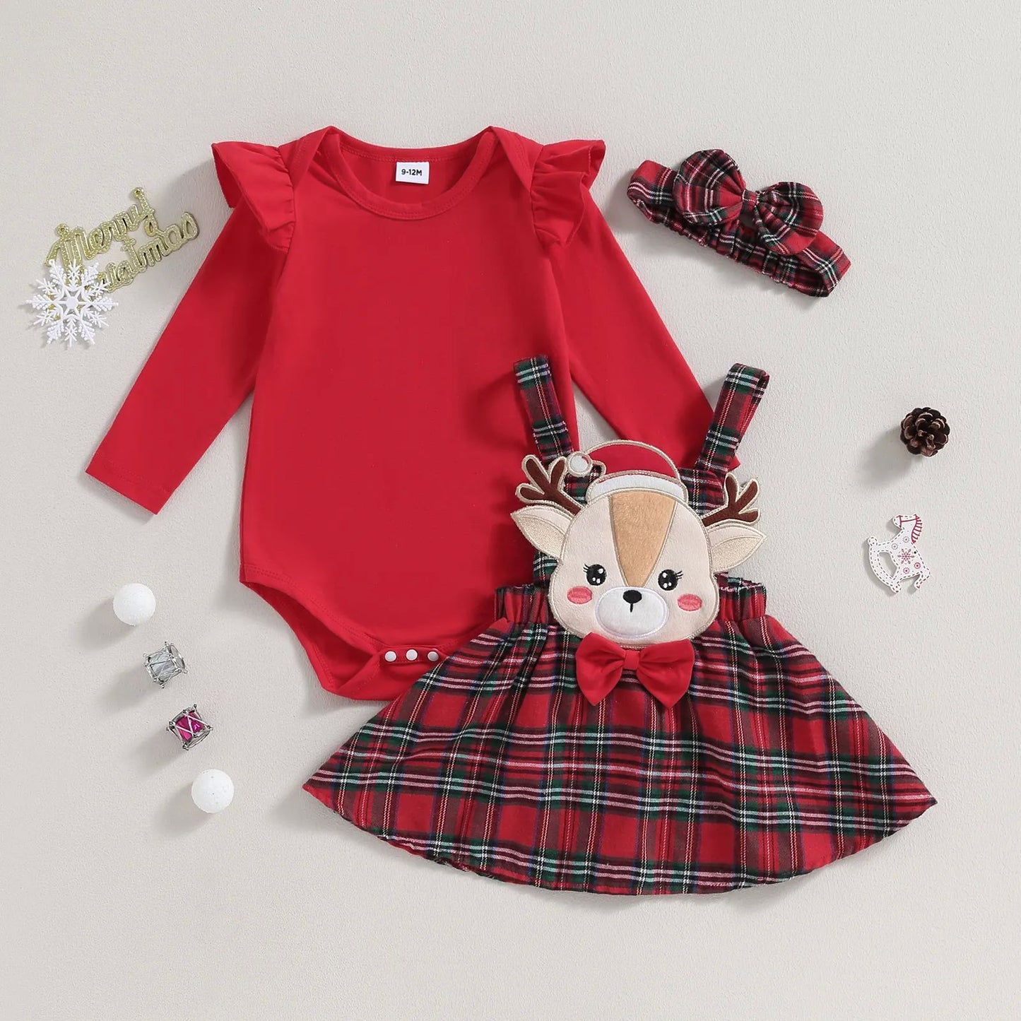 Ensemble de Noël Bébé Fille – Body Rouge + Robe Écossaise Renne + Bandeau