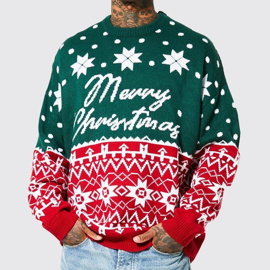 Pull de Noël Homme  “Merry Christmas” Motifs Festifs Rouge & Vert Idéal pour les Fêtes