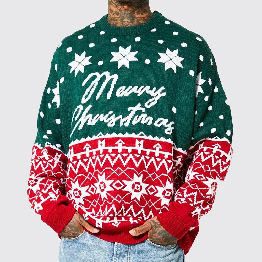 Pull de Noël Homme  “Merry Christmas” Motifs Festifs Rouge & Vert Idéal pour les Fêtes
