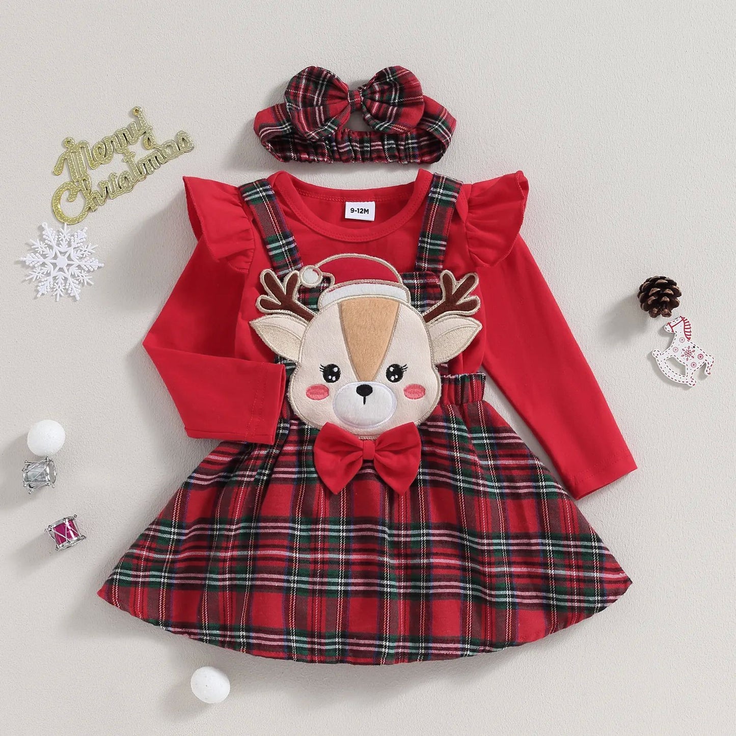 Ensemble de Noël Bébé Fille – Body Rouge + Robe Écossaise Renne + Bandeau