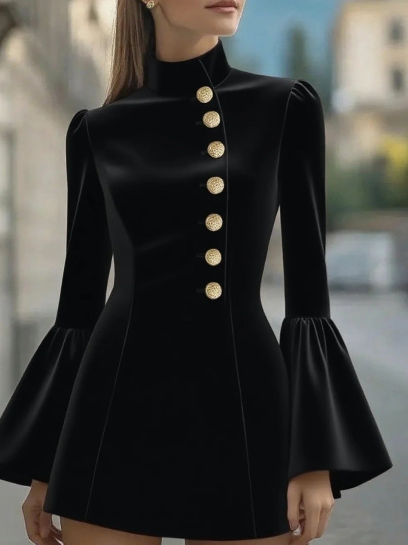 Robe Veste Femme – Chic Royale à Manches Évasées & Boutons Dorés