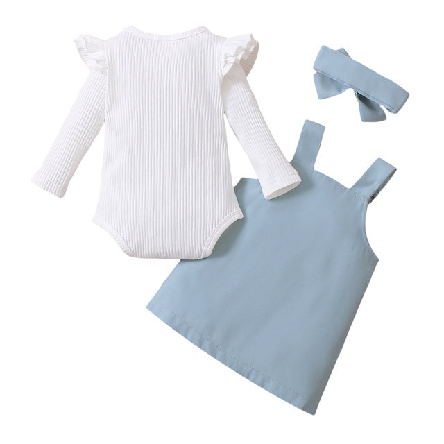 Ensemble Robe Salopette Bébé Fille – Haut à Volants + Robe avec Poche + Nœud