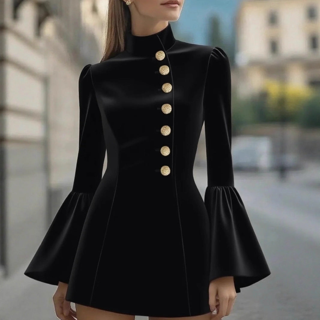Robe Veste Femme – Chic Royale à Manches Évasées & Boutons Dorés